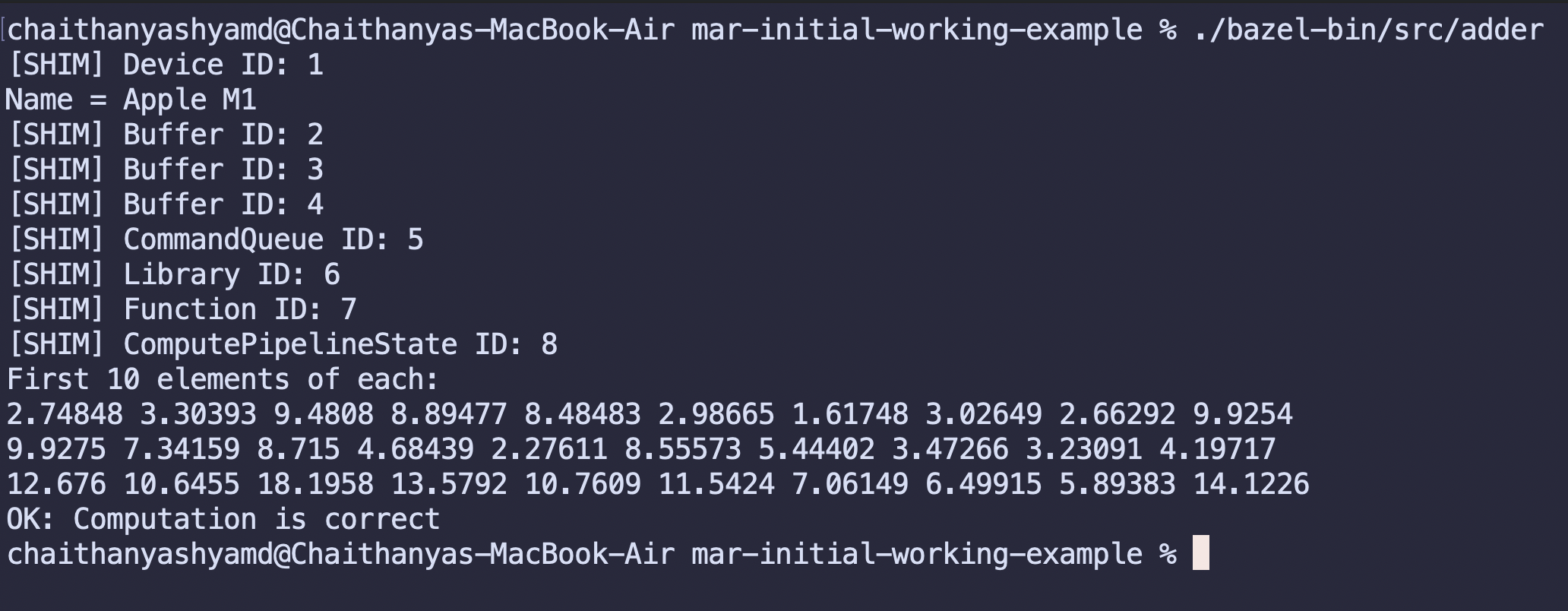 Initial Metal API Remoter client reporting that the remote vector-add computation is correct
